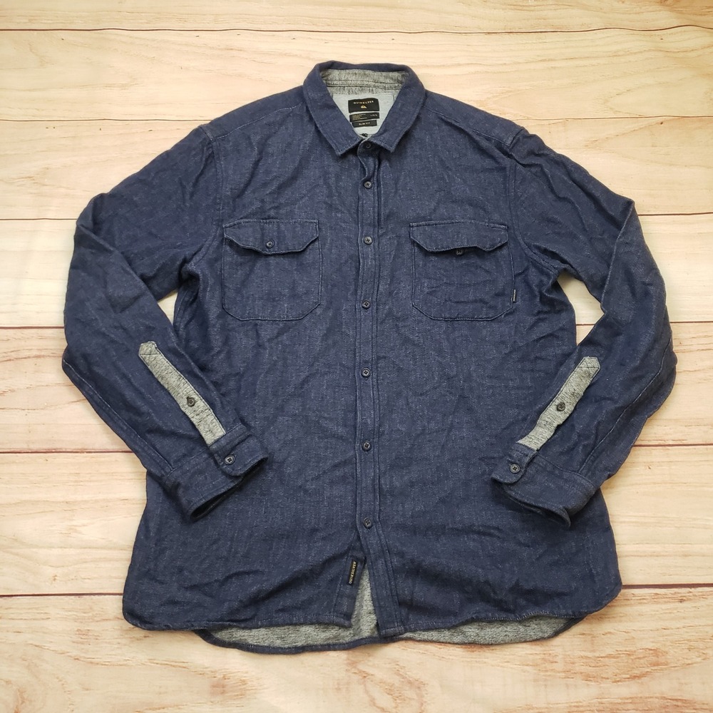 Quiksilver Shirt Mens Large Blue Surfing Slim Fit Button Down Shirt Cotton Adult